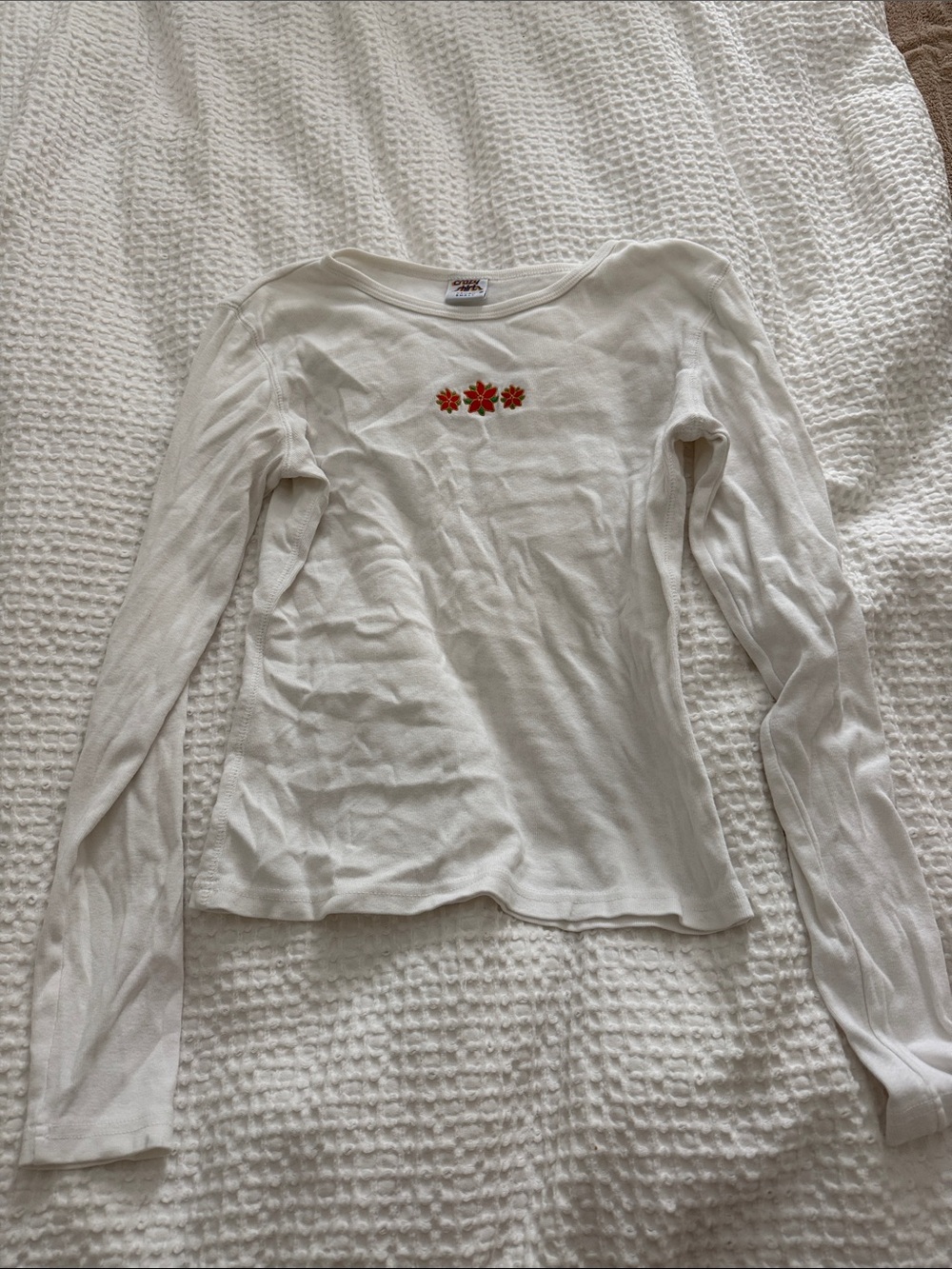 White Long Sleeve Tee with Red Flower Embroidery